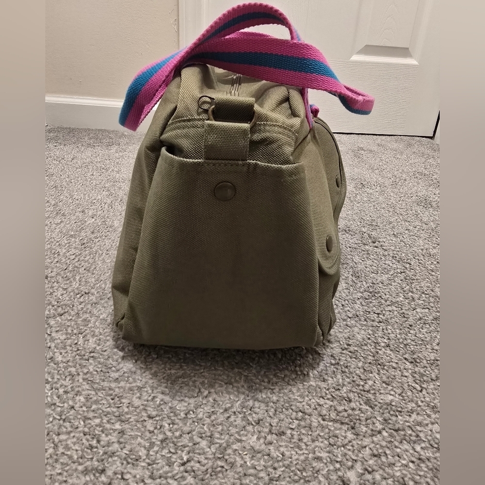 Ralph Lauren Messenger Bag Army Green Canvas Pink Stripes Travel Vacation - Picture 6 of 13